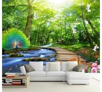 Fresco Tridimensional Verde Bosque Pavo Real Papel Pintado 3D Seda De Lujo Pared Estudio Comedor Sofa Dormitorio Madera Salon Tv Decorativo-430cm×300cm