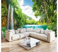 Fresco Verde Paisajes Cascadas Paisajes Naturales 3D Papel Pintado Lujo Casa Sala Decoración Estar Comedor Sofá Dormitorio TV Fondo de Pared-300cm×210cm