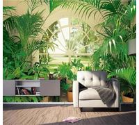 Fresco Verde Plantas Vista Desde La Ventana Estilo Rústico 3D Papel Pintado Tapiz Textura de Seda Oficina Comedor Sofá Dormitorio Sala Estar TV Fondo Pantalla-200cm×140cm