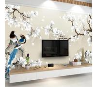 Fresco Y Hermoso Blanco Magnolia Rama De Flores Pájaro Papel Pintado 3D Seda De Lujo Pared Estudio Comedor Sofa Dormitorio Madera Salon Tv Decorativo-150cm×105cm