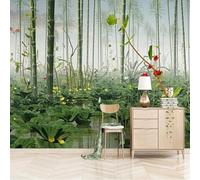 Frescura Elegancia Loto Bambú Flor Roja 3D Papel Pintado Pared Fácil Instalación Oficina Sala Estar Sofá Dormitorio TV Fondos Decoración-250cm×170cm