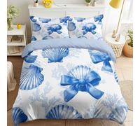 Fresh Ocean - Juego de funda de edredón para cama tamaño King, para adultos, niños y niñas, elegante y delicado lazo de concha, ultrasuave, reversible, 3 piezas, con 2 fundas de almohada, color azul