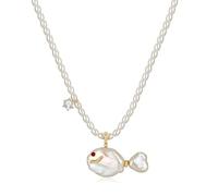 Freshwater Baroque Pearl Goldfish Necklace - Cute Irregular Fish Pendant with Cubic Zirconia, Summer Beach Ocean Jewelry, Anniversary/Birthday Gift for Her (Mid-fishtail)