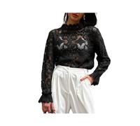 FRESQA Blusa de Encaje con Bordado de Jacquard Blanco para Mujer, Jersey Transparente con Cuello Redondo y Top Calado, Camisa de Oficina de Manga Larga para otoño 2024