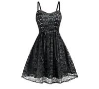 FRESQA Disfraces de Halloween con Estampado de Calavera y Tirantes Finos, Vestidos góticos para Mujer, Vestido de Fiesta de Corte A con Encaje Vintage