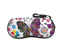 FRESQA Gafas de cóctel y botellas de vino, ultraligeras, a prueba de golpes, portátiles, con cremallera, funda suave, unisex, Mariposas y flores coloridas, talla única