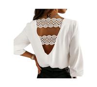 FRESQA Jersey con Costuras de Encaje Hueco en Forma de V en la Espalda, Blusa Blanca, Camisa de Manga Larga Sexy con Cuello en V para otoño e Invierno