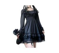 FRESQA Mini Vestido Negro de Princesa Estilo japonés Lolita para Mujer, Vestido gótico de Cintura Alta con Cuello Oblicuo y Manga abombada, Vestidos de Fiesta con Volantes de Encaje