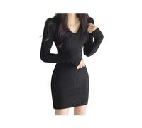 FRESQA Otoño Invierno Mujer Cuello en V Manga Larga Ajustado Vestido Sexy sólido Casual Midi suéter Vestido para Mujer Vestido ceñido de Punto 2023
