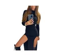 FRESQA Ropa de Mujer Otoño Invierno Elegante Vestido Ajustado por Debajo de la Rodilla Cuello Alto Manga Larga Abertura Lateral Sexy Vestidos de Punto Acanalados para Mujer