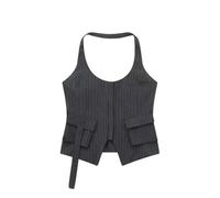 FRESQA Top marrón con Cuello Halter para Mujer, Blusa Elegante sin Mangas para Mujer, Top Sexy con Bolsillo Decorativo Y2k, Camisetas sin Mangas con Espalda Descubierta y corsé con Cremallera 2023