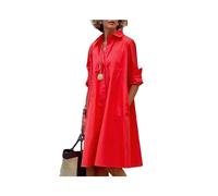 FRESQA Vestido Camisero Liso para Mujer, Moda de Verano, Informal, con Cuello Vuelto y Bolsillo, Vestidos por Debajo de la Rodilla de Manga Larga, Vestidos Sexis de Lunares para Mujer