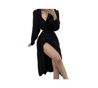 FRESQA Vestido Camisero Negro de Estilo Coreano para Mujer, Vestido Sexy de una Pieza con Manga Larga derramada, Túnica Midi, Blusa Color Beige, Vestidos de otoño