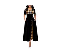 FRESQA Vestido Largo con Detalle de Botones y Estampado a Cuadros de Media Manga a la Moda para Mujer