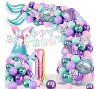 Fressdai Sea-Maid - Kit de arco de globos para decoración de cumpleaños, globos de aluminio rosa, morado, verde, más pancarta de feliz cumpleaños, suministros de fiesta para niña (1 año)
