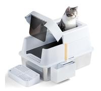 FRETONBA Arenero Gato Grande XXL de Acero Inoxidable Flip Top, 26L Gran Capacidad Caixa de Areia para Gatos, Arenero Alto, Fácil de Limpiar, Cat Litter Box con Cubierta, Pala, Pedal, Blanco