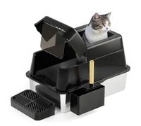 FRETONBA Arenero Gato Grande XXL de Acero Inoxidable Flip Top, 26L Gran Capacidad Caixa de Areia para Gatos, Arenero Alto, Fácil de Limpiar, Cat Litter Box con Cubierta, Pala, Pedal, Negro