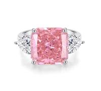 Freundschaftsringe Dünn, Ringe Frauen Set mit 12 X 12 mm Quadratischem, Im Labor Hergestelltem Rosa Saphir und Herz-Moissanit Silber 9K Weißgold Größe 52 (16.6)