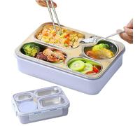 Frfik Lonchera de acero inoxidable de 25,6 cm para niños con 4 compartimentos, contenedor de alimentos a prueba de fugas con cuenco de sopa, cuchara de metal y palillos, para escuela, picnic, camping