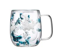 Frfik Taza de té de flores, material de vidrio, diseño de flores secas, 390 ml, vaso de café y té, capuchino, bebidas frías, taza de vidrio hecha a mano para el hogar, oficina, regalo