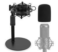 Frgyee Soporte de micrófono de escritorio AT2020 mejorado, soporte de micrófono de mesa ajustable con soporte de choque y parabrisas de espuma para micrófono de condensador Audio Technica AT2020