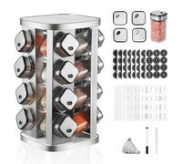 FRIBERG Especiero de Cocina,Especiero 360° con 16 Tarros de Especias-Tapa Giratoria, 3 Modos de Salida,Carrusel de Especias,Con Embudo, Pegatina, Bolígrafo y Cepillo de Limpieza