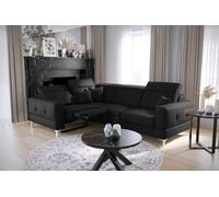 Friderik Sofá esquinero Malibu Relax con función de dormir - 185 × 250 cm - Piel sintética Madryt - Superficie de descanso 116 × 187 cm - Reposacabezas regulable en altura (negro, izquierda)