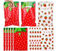 Frienda 100 bolsas de regalo de fiesta de fresa, bolsas de regalo de bayas de verano con asas de 9.84 x 6.5 pulgadas, bolsas de plástico de fresa, regalos de regalo para fiestas de verano, suministros