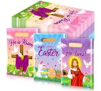 Frienda 120 bolsas de regalo religiosas de plástico con texto en inglés "He Is Risen", bolsas de regalo a granel con asa de Jesús Cruz de Jesús, bolsas de dulces de la Biblia para regalos de fiesta de