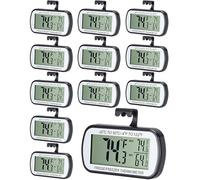 Frienda Paquete de 12 termómetros digitales para nevera, impermeables, para refrigerador y congelador, función de grabación máxima/mínima, pantalla LCD, termómetro para refrigerador con gancho y parte