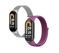 FRIENDLY LICENSE Correa Smartwatch Pack de 2 Compatible con Xiaomi Smart Band 9 y 8 - Deportiva Loop de Nylon en Magenta y Milanesa de Acero Inoxidable en Plata - Diseño Elegante y Resistente