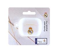 FRIENDLY LICENSE Real Madrid Club de Fútbol - Funda Compatible con Airpods Pro - Elaborada con Silicona Resistente - Color Blanco con el Escudo del Club - Producto Oficial del Equipo