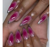 Friendly Rose Red and Silver French Glossy Stick on Nails Puntas acrílicas de almendra para entusiastas del arte moderno Acrílico