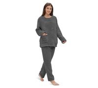 Friendumo Conjunto de Pijama de Forro Polar Coral para Mujer, Pijama Suave de Dos Piezas, Parte Superior de Manga Larga y Parte Inferior Cálida(Gris-L)