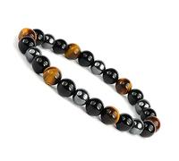Frienemy Presents Pulsera de triple protección de hematita natural, ojo de tigre, turmalina negra, cuentas de cristal de piedras preciosas, elástica, pulsera para mujeres y hombres #Frienemy-2312, 0.8