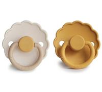 FRIGG Daisy Chupete 2-Pack | Chupete de silicona | Sin BPA | Fabricado en Dinamarca | Tetina simétrica tipo cereza | (Chamomile/Honey gold, Talla 2 (6-18 Meses))