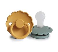FRIGG Daisy Chupete 2-Pack | Chupete de silicona | Sin BPA | Fabricado en Dinamarca | Tetina simétrica tipo cereza | (Honey Gold/Lily Pad, Talla 1 (0-6 Meses))