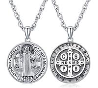 Friggem Collar de medalla de San Benito Plata de ley 925 Colgante de protección de San Benito Collar de joyería cristiana religiosa católica Regalo para hombres mujeres
