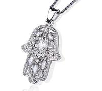 Friggem Hamsa Hand Necklace, 925 Colgante de plata esterlina Joyas para hombres, Vintage Hand of Fatima Evil Eye Colgante Sacred Lotus Charm Mujeres Path of Symbols Amistad