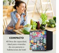 Klarstein Cool Vibe - Nevera, eficiencia energética Fe clase E, VividArt: puerta con diseño de pegatinas impresas, congelador, emisión ruido de tan solo 42 dB, volumen de 48 litros, negro