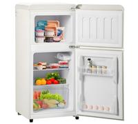 Frigorífico pequeño de 60 l: Frigorífico con capacidad de refrigeración de 38 l y congelación de 22 l, luz LED, refrigeración silenciosa, estantes ajustables, clase energética E,White