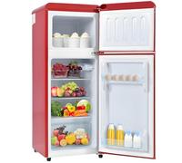Frigorífico retro: Combinación frigorífico-congelador de dos puertas con 92 litros de volumen total, estantes de cristal, luz LED y un consumo de ahorro energético de 181 kWh/año,Red