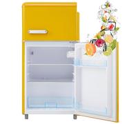 Frigorífico retro con congelador, frigorífico de 72 litros con congelador de 21 litros, frigorífico pequeño con compartimento para verduras, 120 kWh/año, luz LED.,Yellow