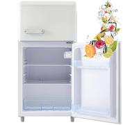 Frigorífico retro con congelador, frigorífico de 72 litros con congelador de 21 litros, frigorífico pequeño con compartimento para verduras, 120 kWh/año, luz LED.,White