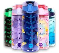 Fringoo Botella de agua para niños para la escuela 650 ml - Asa de transporte 100% a prueba de fugas y pajita de silicona Tritan sin BPA - Tapa con cierre seguro, diseño de garabatos azul marino muy