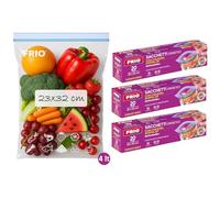 FRIO Juego de 60 bolsas herméticas para alimentos 23 x 32 cm 4 L, cierre doble cremallera, congelador, etiqueta preimpresa, para conservar frescura, sellables y reutilizables, 3 x 20 unidades