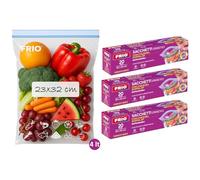 FRIO Juego de 60 bolsas herméticas para alimentos 23 x 32 cm 4 L, cierre doble cremallera, congelador, etiqueta preimpresa, para conservar frescura, sellables y reutilizables, 3 x 20 unidades