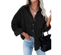 Friptspyg Cordjacke Mujeres Blusa Camiseta Cordón Brazo Largo Ligera Sobredimensionada Botón Abajo Blusas Casuales con Bolsillo, Negro XL