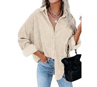 Friptspyg Cordjacke Mujeres Blusa Camiseta Cordón Brazo Largo Ligera Sobredimensionada Botón Abajo Blusas Casuales con Bolsillo, Beige S