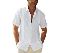 Friptspyg Hombre Camisa de Lino para Manga Corta Estilo Casual y Ajuste Regular Fit Cubana Camp Guayabera Camisa de Verano, Blanco 3XL